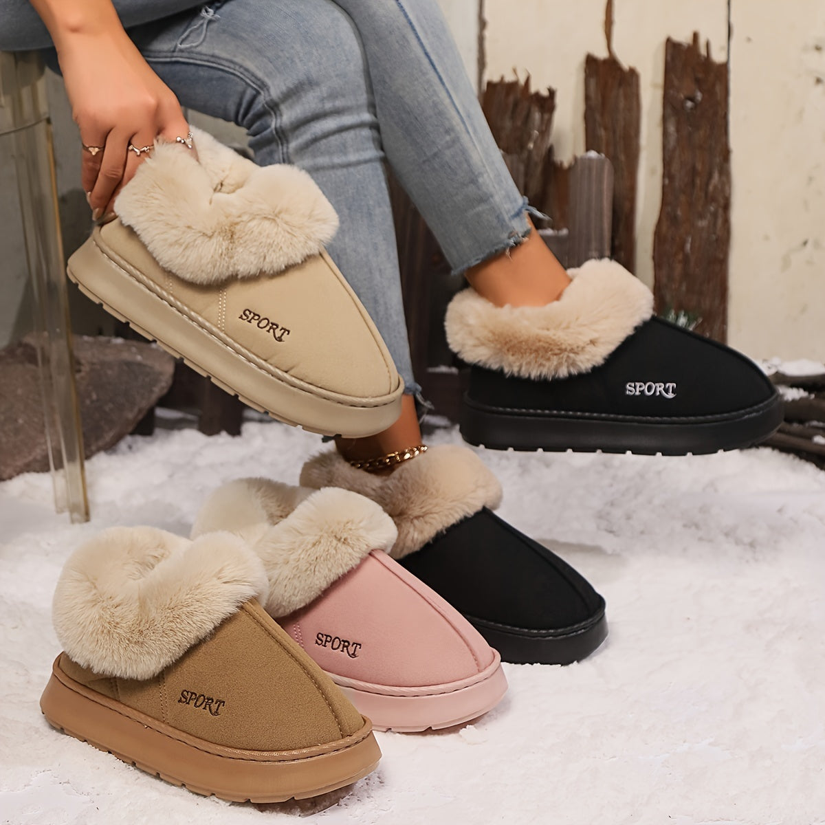 SPORT Cozy Faux Fur Suede Plush Platform Indoor Slippers