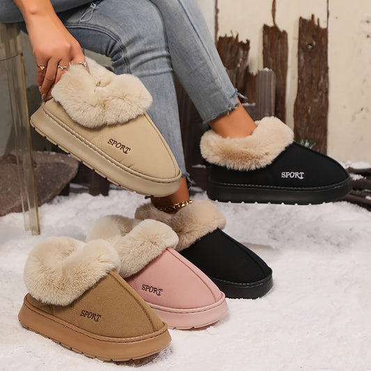 SPORT Cozy Faux Fur Suede Plush Platform Indoor Slippers