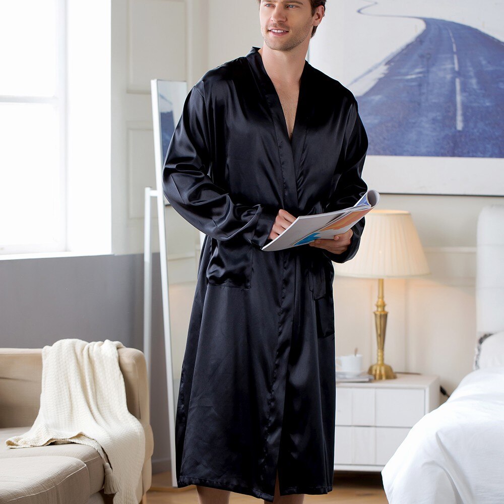 Men's Home Wear Mid-length Silk Nightgown Robe